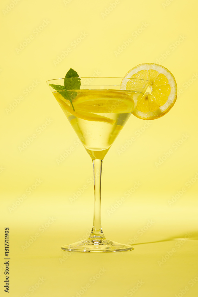 Glass of lemonade with mint against yellow background.