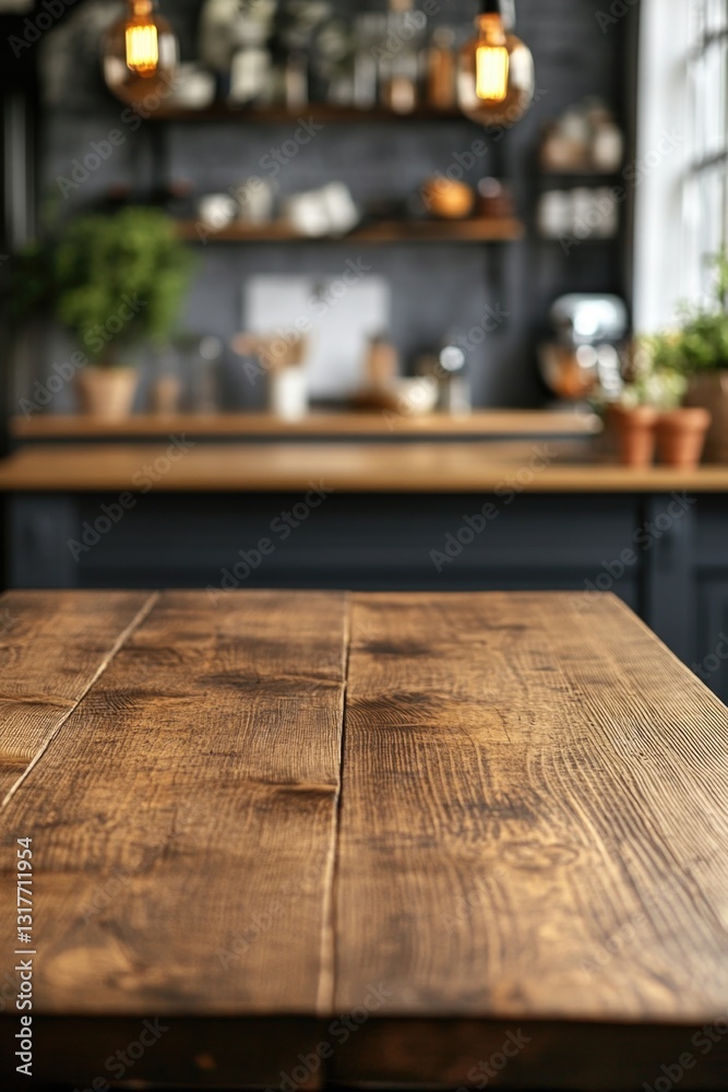 Wooden table on blurred kitchen bench background. Empty wooden table and blurred kitchen background Wooden table on blurred kitchen bench background. Empty wooden table and blurred kitchen background