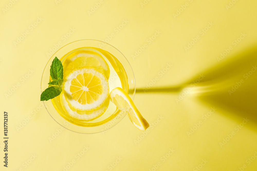 Glass of lemonade with mint against yellow background.