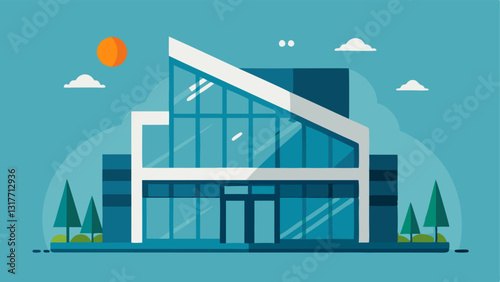 Sunlight Regulation An illustration showing a modern building facade made entirely of smart glass with shaded sections indicating areas where the glass adjusts opacity in response