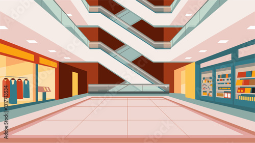 A large empty shopping mall interior with a staircase leading to the second and third floor. The mall is brightly lit and has a modern design. Vector illustration. 