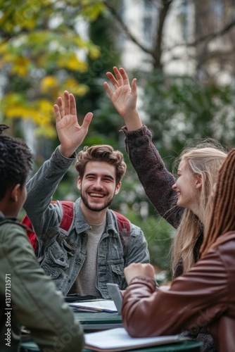 Young scholars, students from different countries enjoying finished study session outdoors, giving high five and celebrating successful pass of exams. Concept of education, university, multicultural