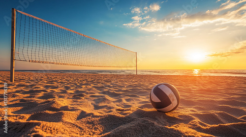 Beach volleyball court at sunset, volleyball on sandy beach, ocean in background, representing summer sport, leisure, and relaxation