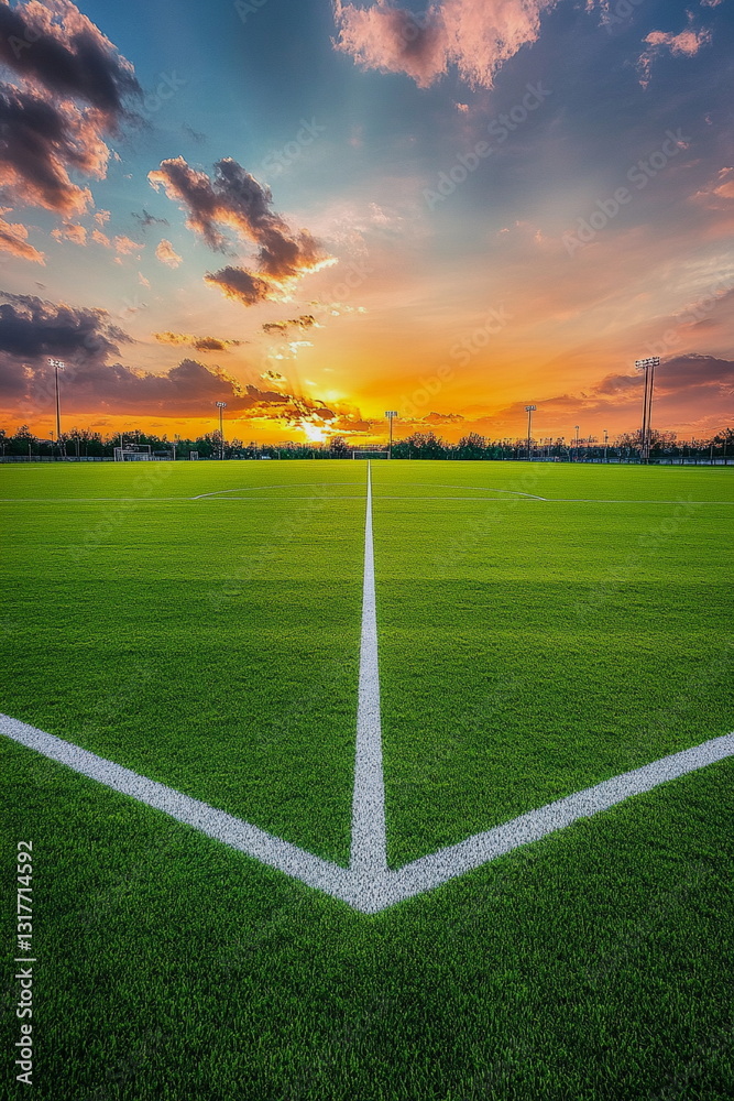 Obraz premium Close-up of green football field under bright stadium lights, perfect for soccer match backgrounds, sports textures, and athletic event promotions.