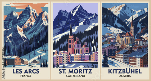 Set of Ski Travel Posters in retro style. Les Arcs, France, St.Moritz, Switzerland, Kitzbuhel, Austria digital prints. Winter holidays, active lifestyle. Vintage vector colorful illustrations. 