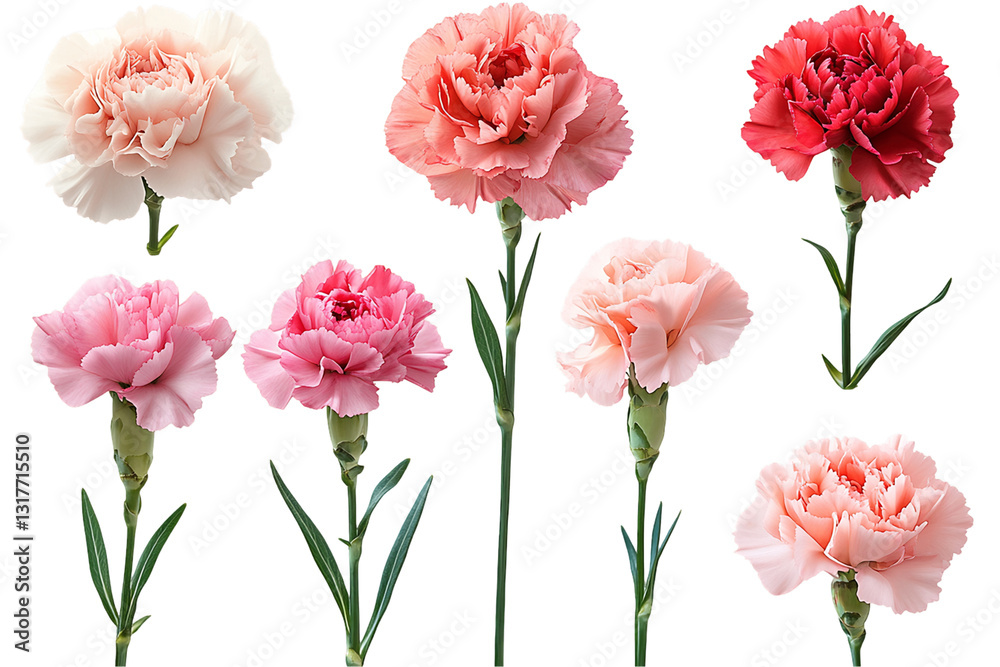 Nine Pink And Red Carnation Flowers With Green Stems On A Transparent Background, PNG Nine Pink And Red Carnation Flowers With Green Stems On A Transparent Background, PNG