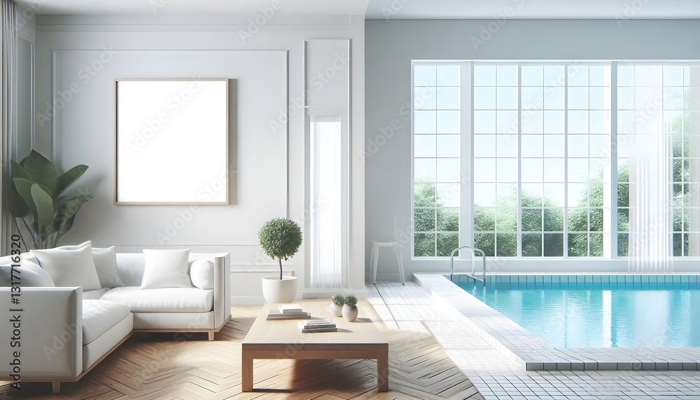 Fototapeta premium minimalist living room bathed in natural light from a large window. Frame mockup, Living room wall poster mockup. Interior mockup with house background. Modern interior design.