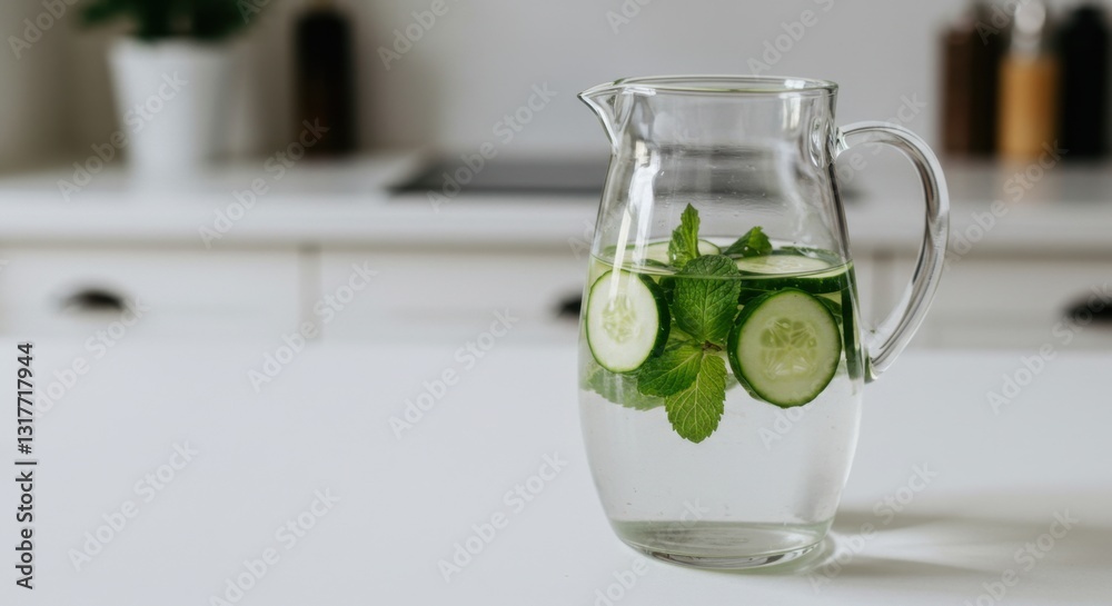 Cucumber and Mint Infused Water in Glass Pitcher Cucumber and Mint Infused Water in Glass Pitcher