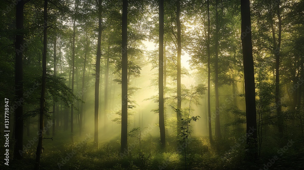 Naklejka premium Sunlit Misty Forest Path: A Tranquil Morning in the Woods