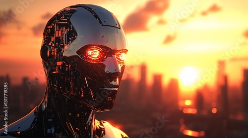 Metallic Android at Sunset Over Cityscape