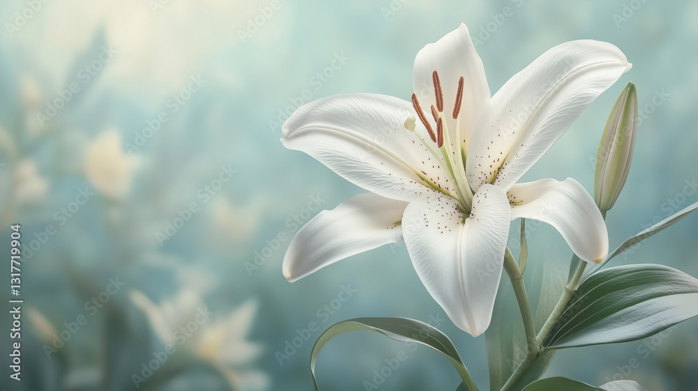 Fototapeta premium Elegant white lily in soft-focus natural background