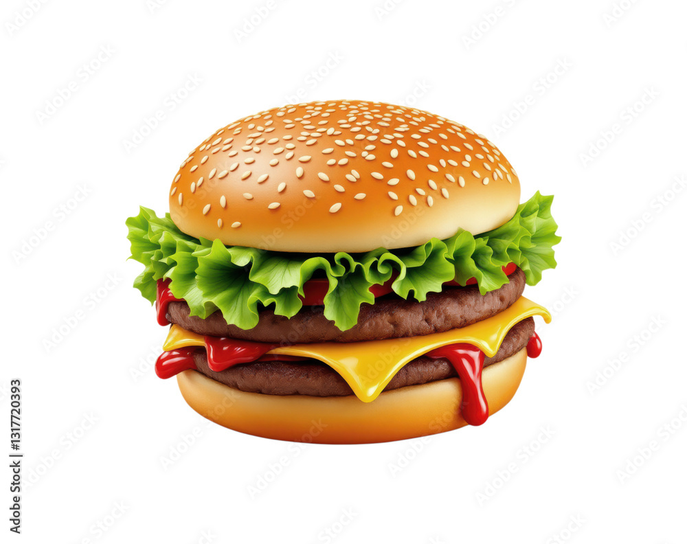 Classic Double Beef Cheeseburger with Fresh Lettuce Melted Cheese Ketchup and Sesame Seed Bun Fast Food Restaurant Style Isolated on Transparent and White Background Classic Double Beef Cheeseburger with Fresh Lettuce Melted Cheese Ketchup and Sesame Seed Bun Fast Food Restaurant Style Isolated on Transparent and White Background