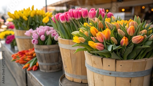 Vibrant spring tulips in wooden buckets at a farmers market display
