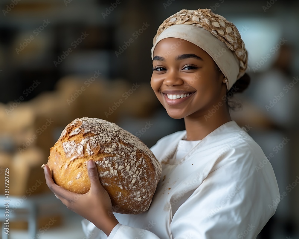 Smiling baker holding fresh artisan bread in a commercial kitchen Smiling baker holding fresh artisan bread in a commercial kitchen
