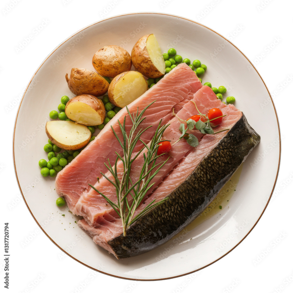 Raw Fish Fillet with Potatoes, Peas, and Herbs on a Plate Raw Fish Fillet with Potatoes, Peas, and Herbs on a Plate