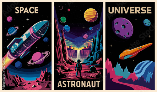 Astronaut in space retro Posters, backgrounds, covers vector set. Space and the universe concept. Cosmonaut in spacesuit flying in galaxy with stars and planets vintage style illustrations.