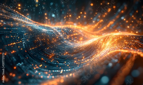 Dynamic abstract particle wave background with glowing orange and blue lights