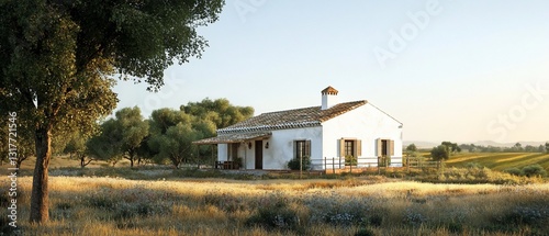 Rural white house, sunset, countryside, field. Real estate