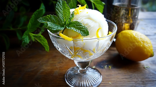 A glass bowl filled with ice cream and lemon slices. generated using AI