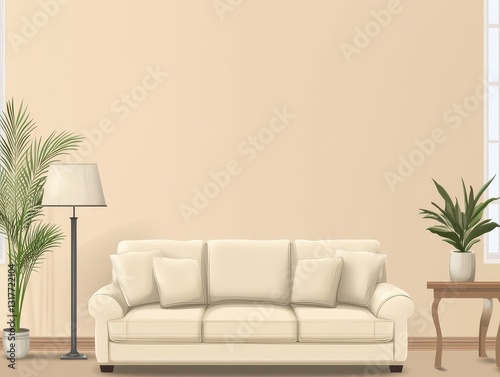 A living room interior design scene with sofa and plants