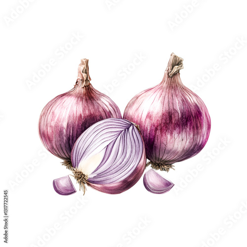 Red onions watercolor painting two whole onions and a sliced one showing vibrant purple layers fresh and delicious