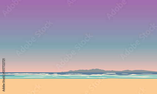 An illustration of a beach scene. The background is a gradient of pink and purple, with a mountain range visible in the distance. The sky is a soft pink. The overall mood of the image is peaceful 