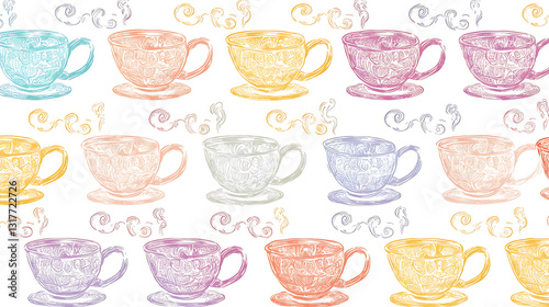 Wallpaper Mural A row of colorful cups with a pattern of swirls and steam. generated using AI Torontodigital.ca