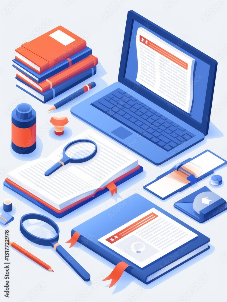 an Online Book, Magnifying Glass, and Computer Screen with Books and Office Elements in Blue and White Tones an Online Book, Magnifying Glass, and Computer Screen with Books and Office Elements in Blue and White Tones
