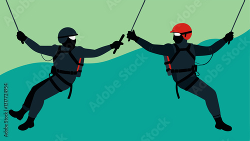 Supporting Each Other Two SWAT officers rappelling side by side communicating with hand signals representing coordination and camaraderie during the operation.