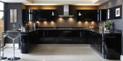 A modern kitchen displaying sleek black cabinetry and stainless steel appliances