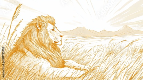 Majestic Lion in Golden Savanna Sunrise