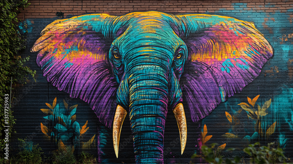Fototapeta premium Vibrant elephant mural painted on brick wall, teal, purple, gold hues, detailed texture, symbolizes strength, wisdom, nature