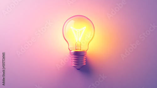 A glowing light bulb emits warm light against a smooth purple background symbolizing ideas creativity and innovation in a modern setting

