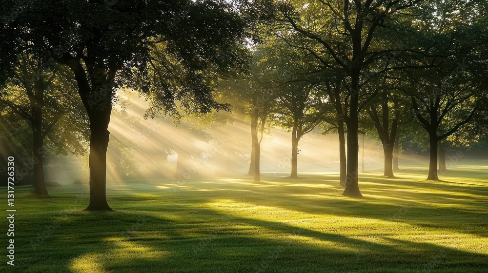 Fototapeta premium Sunbeams through trees in a misty park.