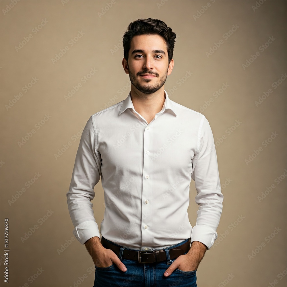 Fototapeta premium Confident Young Man Portrait on Beige Background with Hands in Pockets