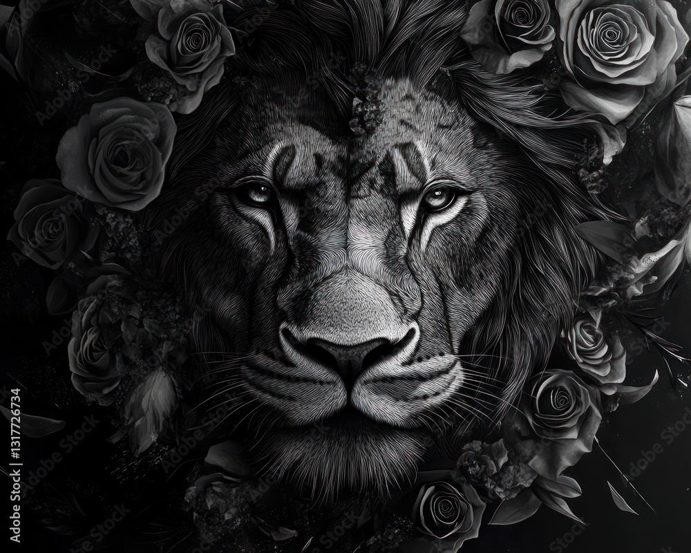 Obraz premium Majestic lion portrait, dark roses, dramatic lighting, powerful symbolism, art print