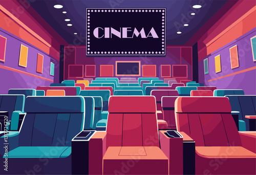 Retro style empty movie theater with a large screen and colorful seats. Vintage cinema vector illustration.