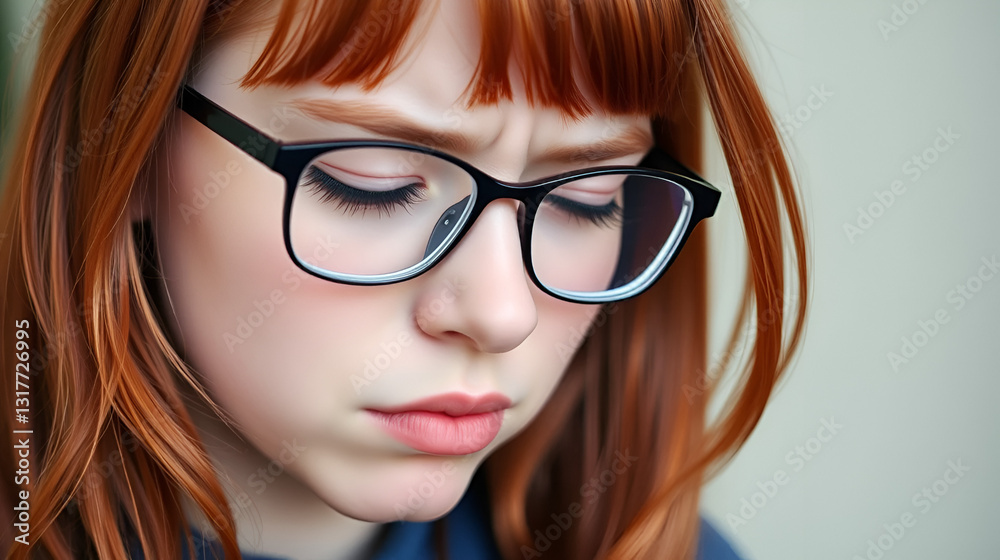 Red-haired girl student wearing glasses, eyes closed, face grimace as if she forgot to do something necessary, now she remembered something important, deeply regrets that she didn't make in time Red-haired girl student wearing glasses, eyes closed, face grimace as if she forgot to do something necessary, now she remembered something important, deeply regrets that she didn't make in time