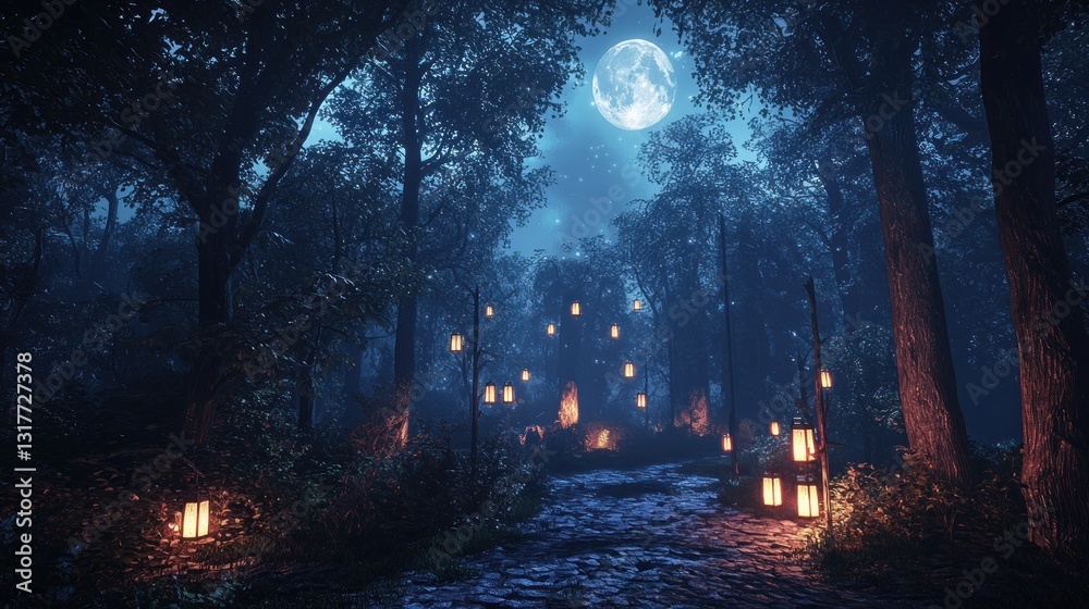 Obraz premium Moonlit forest path with lanterns. (1)