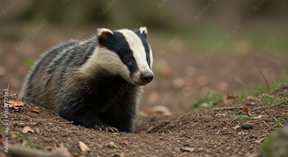 Badger exploring forest floor with curious expression amidst autumn leaves and soft blurred background Badger exploring forest floor with curious expression amidst autumn leaves and soft blurred background