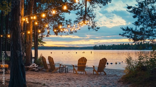 Serene sunset view with Adirondack chairs on sandy beach, illuminated by string lights.