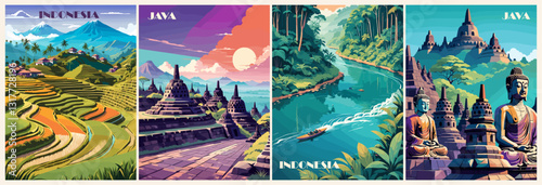 Four posters of different countries with mountains and water. The postcards are titled Indonesia, India, Japan, and Indonesia