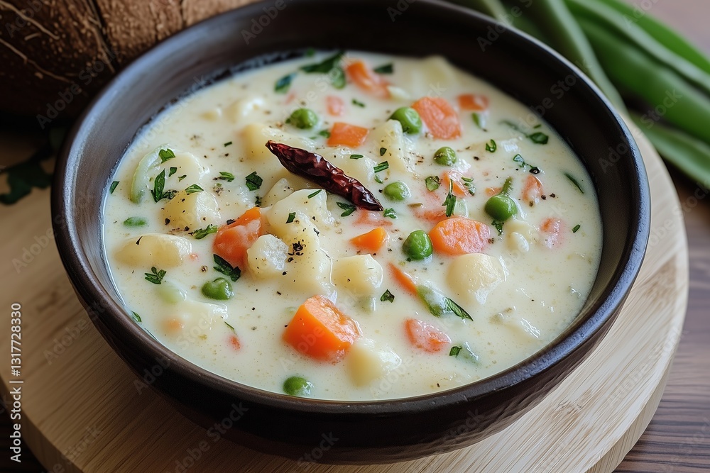 Vegetable Coconut Stew (Ishtu) in a Rustic Clay Bowl with Authentic Garnishes, Traditional South Indian Curry Vegetable Coconut Stew (Ishtu) in a Rustic Clay Bowl with Authentic Garnishes, Traditional South Indian Curry