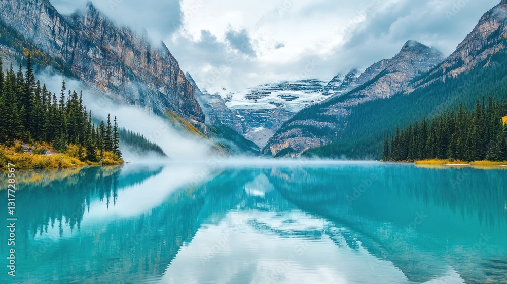 Fototapeta premium Serene turquoise lake reflecting mountains and clouds in autumn.