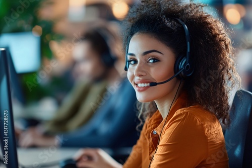 A woman wearing a headset is smiling at the camera. She is wearing an orange shirt and is sitting in front of a computer