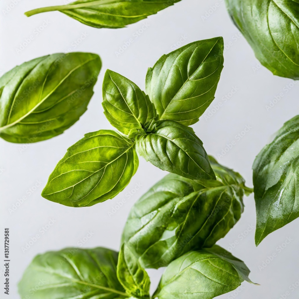 Fototapeta premium Dynamic Shot of Fresh Basil Leaves Floating in Air on White Background