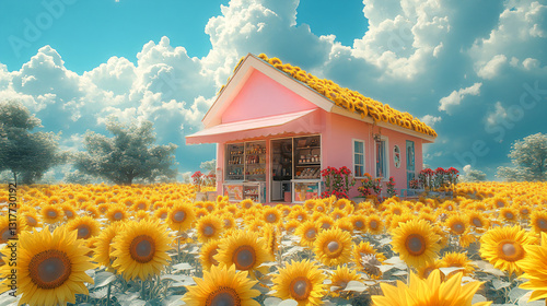 Pink bakery nestled in a sunflower field under cloudy blue sky creates whimsical fairytale marketplace