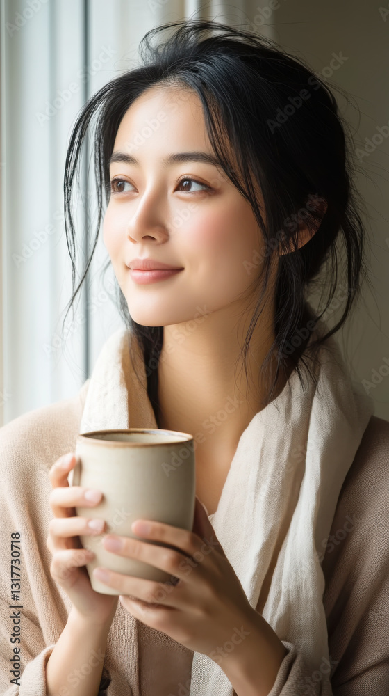 custom made wallpaper toronto digitalAsian young woman relaxing with coffee by window in cozy robe