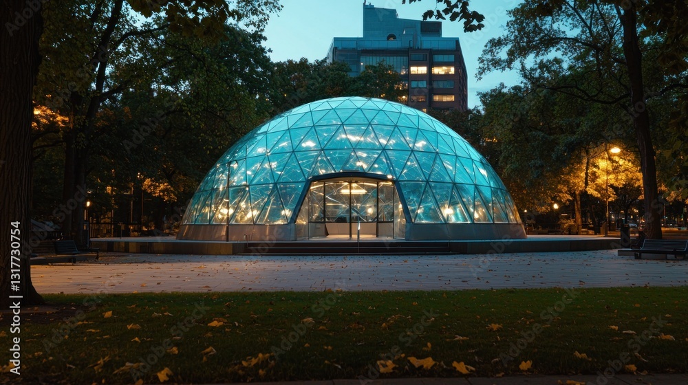 Obraz premium Illuminated geodesic dome structure in park at dusk.