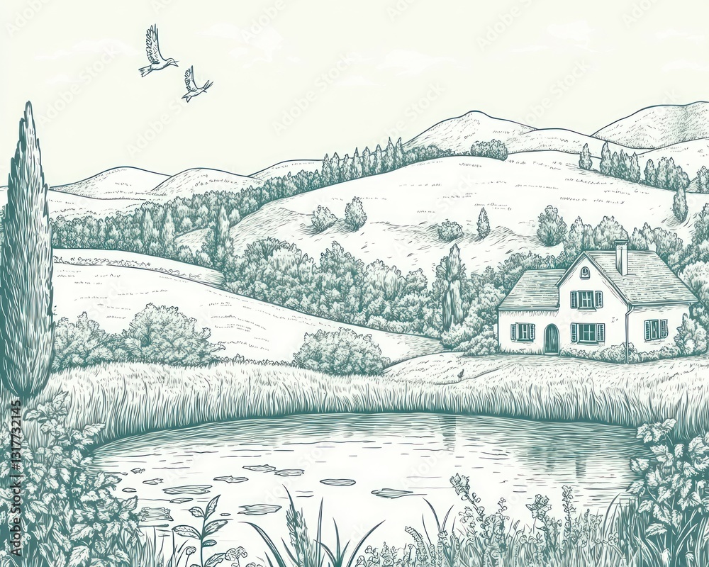 Fototapeta premium Peaceful countryside cottage, pond, rolling hills, birds flying, idyllic scene